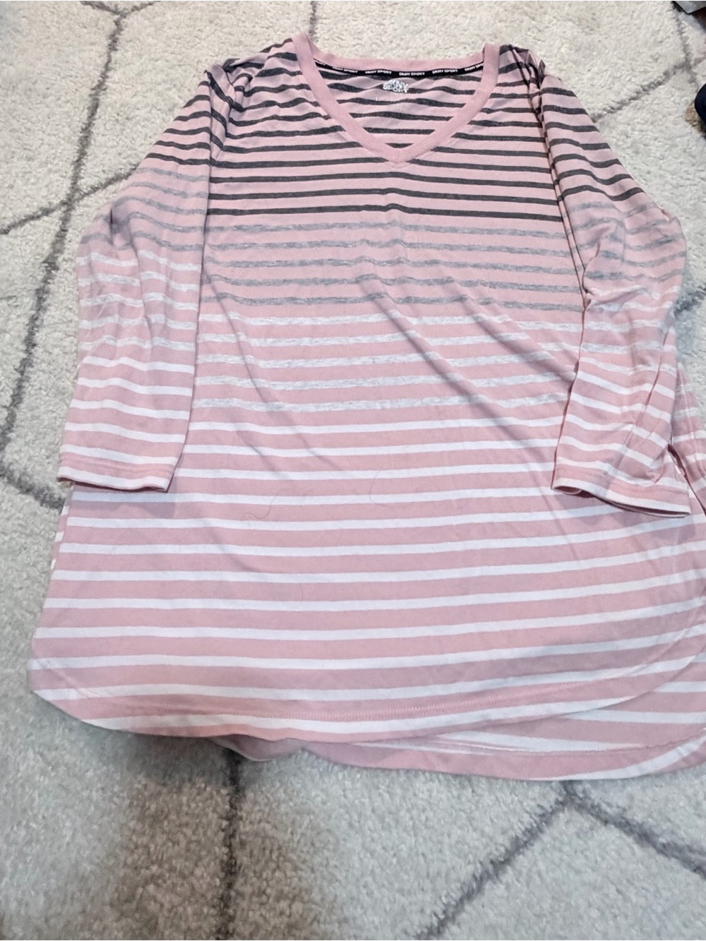 DKNY Sport Pink Striped V-Neck 3/4 Sleeve Top Size Large